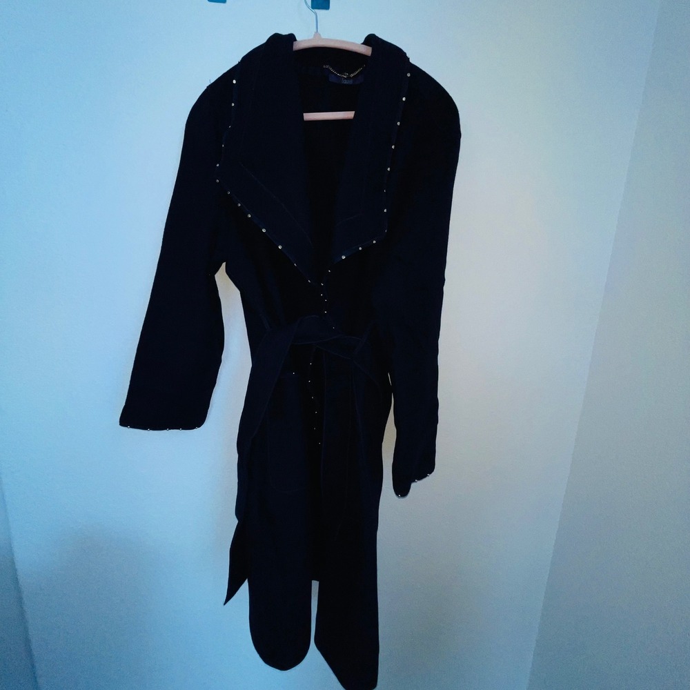 LAUREL Designer Navy Virgin Wool Blend Studded Belted Draped Coat US 16